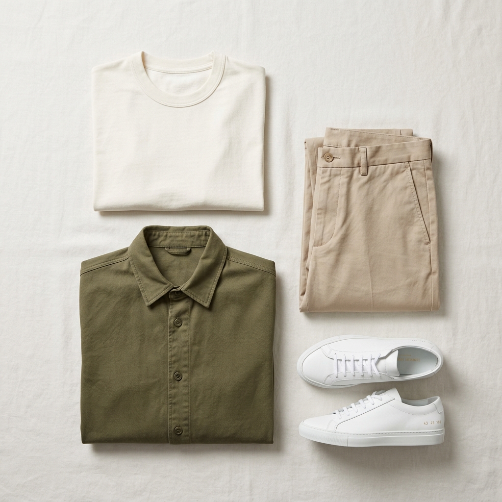 Nordic Minimalist outfit — cream cotton overshirt and olive trousers styled for body type